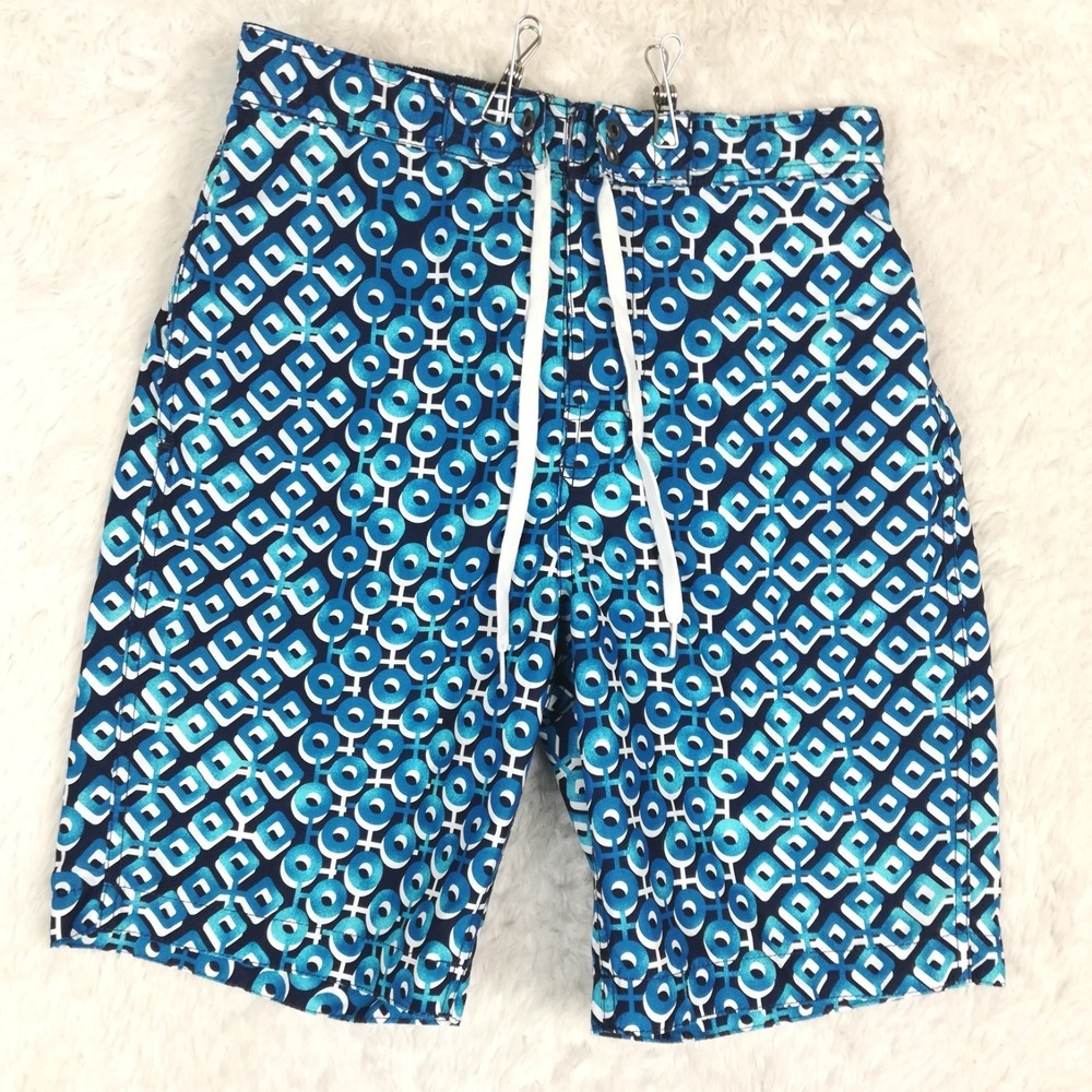 Merona Mens‎ Swim Trunks Swimwear Bermuda Shorts Blue Geometric Print Surf S